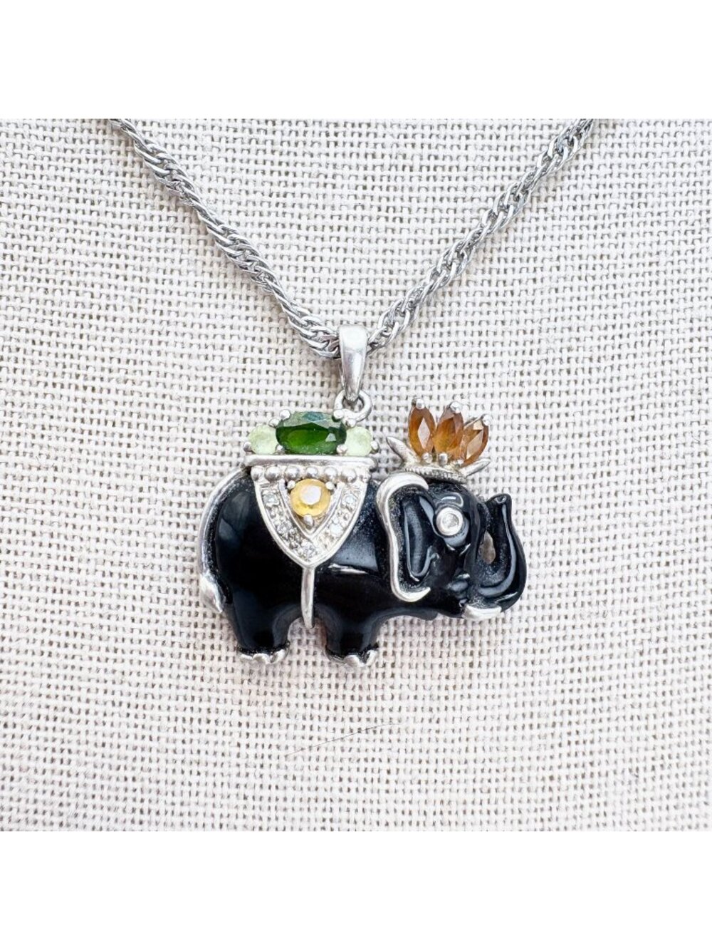 Multi-Gemstone Elephant Pendant Necklace Sterling Silver 925 Size 24" Length